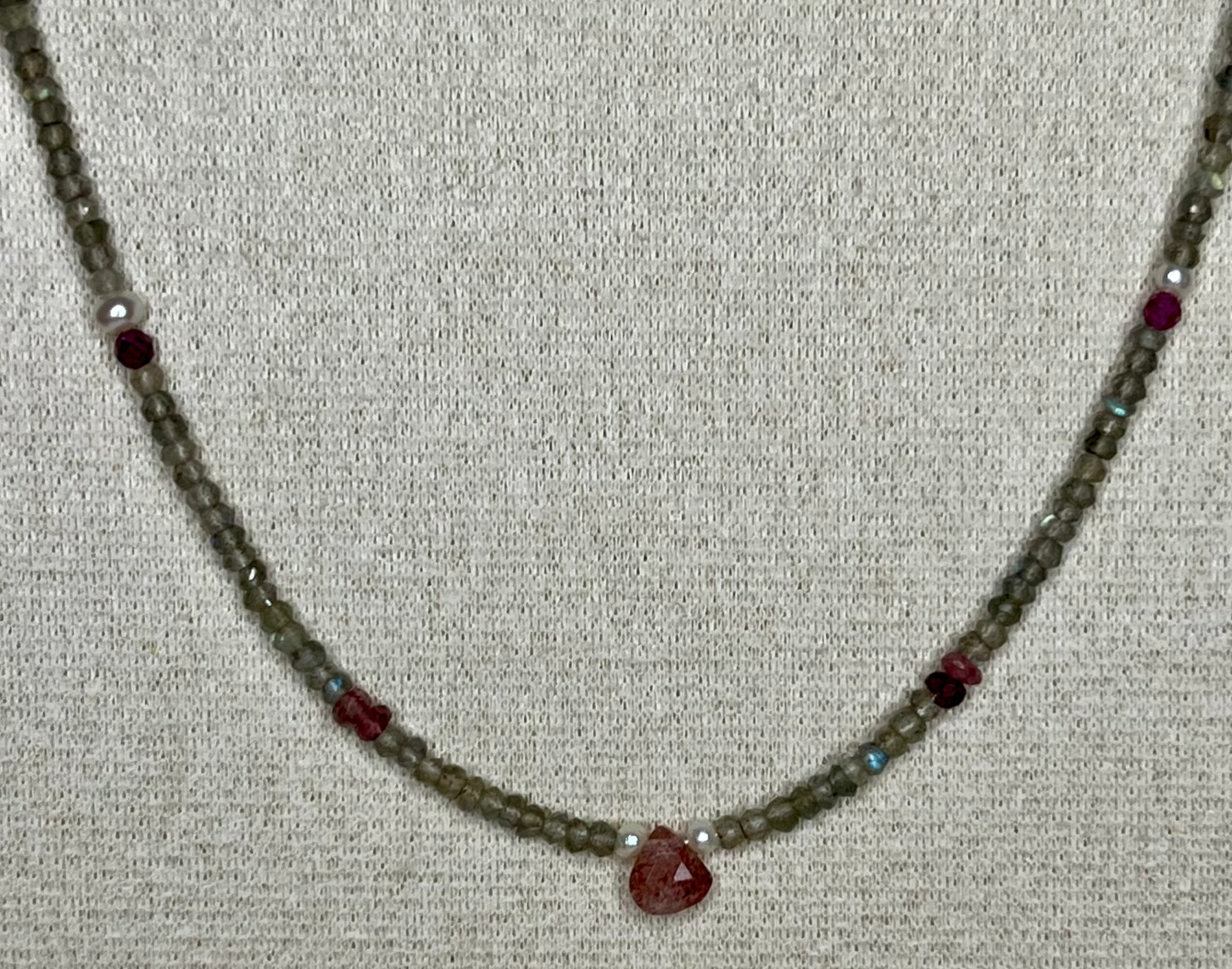Divine Love & Intuition Energy - Strawberry Quartz & Labradorite Necklace with Pearl & Ruby